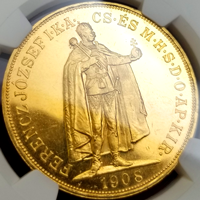 ハンガリー 1908KB 100コロナ 金貨 フランツヨーゼフ1世 オリジナル NGC MS63
