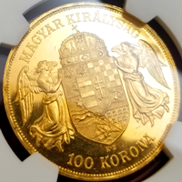 ハンガリー 1908KB 100コロナ 金貨 フランツヨーゼフ1世 オリジナル NGC MS63