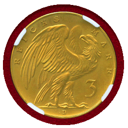 【SOLD】ワイマール共和国 1925D 3マルク 金貨 試作貨 少女頭像 NGC MS63