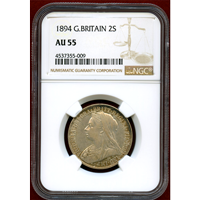 イギリス 1894年 フローリン(2シリング) 銀貨 ヴィクトリア オールドヘッド NGC AU55