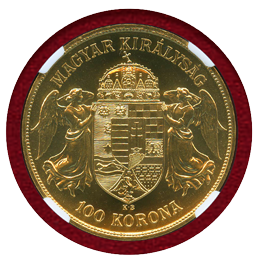 ハンガリー 1908KB 100コロナ 金貨 フランツヨーゼフ1世 リストライク NGC MS66