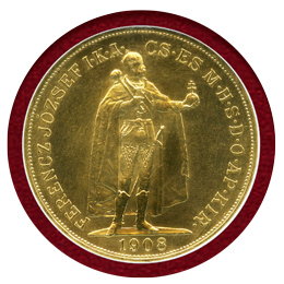 ハンガリー 1908KB 100コロナ 金貨 フランツヨーゼフ1世 リストライク NGC MS66