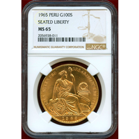 ペルー 1965年 100ソル 金貨 女神座像 NGC MS65