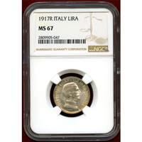 【SOLD】イタリア 1917R 1リラ 銀貨 エマヌエレ3世 クァドリガ NGC MS67