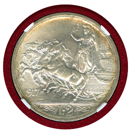 【SOLD】イタリア 1917R 2リレ銀貨 エマヌエレ3世 クァドリガ NGC MS65