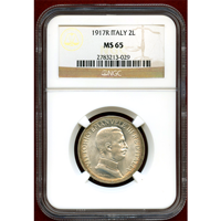 【SOLD】イタリア 1917R 2リレ銀貨 エマヌエレ3世 クァドリガ NGC MS65