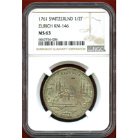 スイス チューリッヒ 1761年 1/2ターラー 銀貨 都市景観 NGC MS63