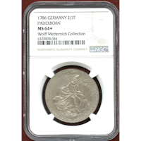 ドイツ パーダーボルン 1786年 2/3ターラー 銀貨 NGC MS64+