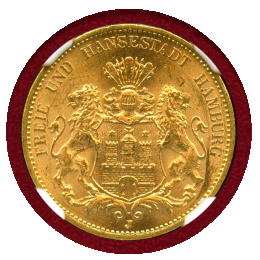 ドイツ ハンブルク 1913J 20マルク 金貨 都市紋章 NGC MS65