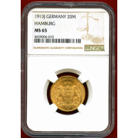 ドイツ ハンブルク 1913J 20マルク 金貨 都市紋章 NGC MS65