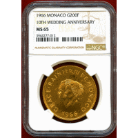 モナコ 1966年 200フラン 金貨 レーニエ3世・グレース王妃ご成婚10周年 NGC MS65