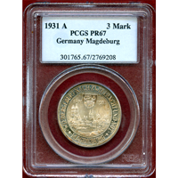 ワイマール共和国 1931A 3マルク 銀貨 マグデブルク再建300年 PCGS PR67