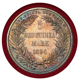 【SOLD】独領ニューギニア 1894A 5マルク 銀貨 極楽鳥 PCGS AU Detail