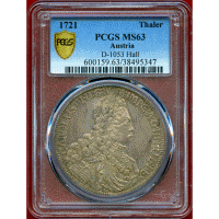 神聖ローマ帝国 オーストリア 1721年 ターラー 銀貨 カール6世 PCGS MS63