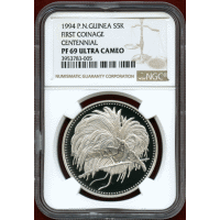 パプアニューギニア 1994年 5キナ 銀貨 極楽鳥 NGC PF69UC
