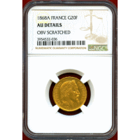 フランス 1868A 20フラン 金貨 ナポレオン3世有冠 NGC AU DETAILS