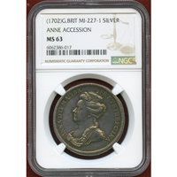 【SOLD】イギリス (1702)  アン女王即位記念銀メダル NGC MS63