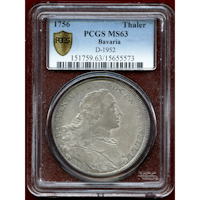 【SOLD】ドイツ バイエルン 1756年 ターラー 銀貨　マドンナ  PCGS MS63