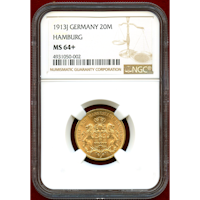 【SOLD】ドイツ ハンブルク 1913J 20マルク 金貨 都市紋章 NGC MS64+