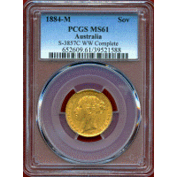 オーストラリア 1884M ソブリン 金貨 ヴィクトリア ヤングヘッド セントジョージ MS61