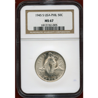 米領フィリピン 1945S 50センタボ 銀貨 女神立像 NGC MS67