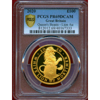 イギリス 2020年 £100 クイーンズビースト ホワイトライオン PCGS PR69DCAM