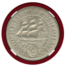 【SOLD】ワイマール共和国 1927A 5マルク 銀貨 ブレーマーハーフェン NGC MS65+