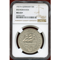 【SOLD】ワイマール共和国 1927A 5マルク 銀貨 ブレーマーハーフェン NGC MS65+