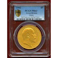 【SOLD】イギリス 1902年 5ポンド 金貨 エドワード7世 PCGS PR63Matte
