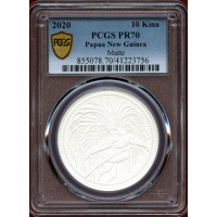 パプアニューギニア 2020年 10キナ 銀貨 極楽鳥 PCGS PR70Matte
