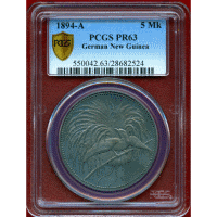 【SOLD】独領ニューギニア 1894A 5マルク 銀貨 極楽鳥 PCGS PR63