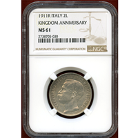 イタリア 1911R 2リレ 銀貨 王国建国50年記念 NGC MS61