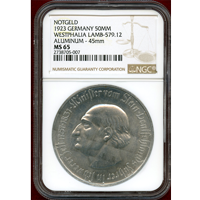 ドイツ ヴェストファ―レン 1923年 50ミリオンマルク アルミ貨 緊急貨 NGC MS65