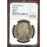 ドイツ バイエルン 1839年 2ターラー 銀貨 騎馬銅像完成記念 NGC MS63