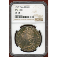 【SOLD】フランス 1749T エキュ 銀貨 ルイ15世 NGC MS64