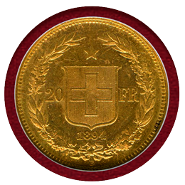 スイス 1894B 20フラン 金貨 ヘルヴェティア NGC MS61