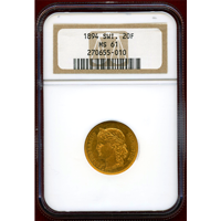 スイス 1894B 20フラン 金貨 ヘルヴェティア NGC MS61