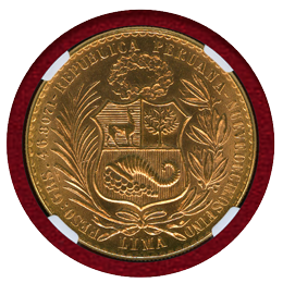 ペルー 1966年 100ソル 金貨 女神座像 NGC MS65