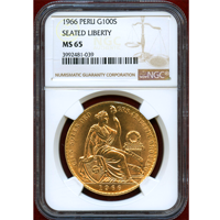 ペルー 1966年 100ソル 金貨 女神座像 NGC MS65