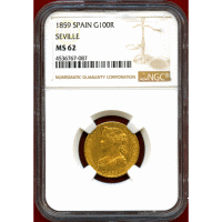 スペイン 1859年 100レアル 金貨 イサベル2世 NGC MS62