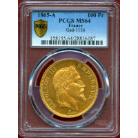 【SOLD】フランス 1865A 100フラン 金貨 ナポレオン3世有冠 PCGS MS64