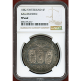 【SOLD】スイス 連邦射撃祭 1842年 4フランケン銀貨  グラウビュンデン NGC MS62