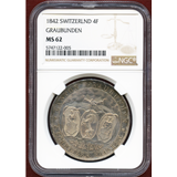 スイス 連邦射撃祭 1842年 4フランケン銀貨  グラウビュンデン NGC MS62