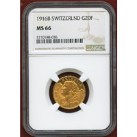 【SOLD】スイス 1916B 20フラン 金貨 アルプスと少女 NGC MS66