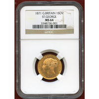 【SOLD】イギリス 1871年 ソブリン 金貨 ヴィクトリア ヤングヘッド NGC MS64