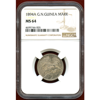 【SOLD】独領ニューギニア 1894A 1マルク 銀貨 極楽鳥 NGC MS64