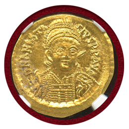 【SOLD】ビザンチン帝国 AD491-518 ソリダス金貨 アナスタシウス1世 Ch MS★