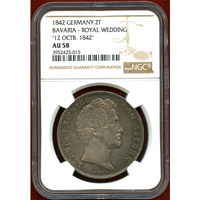 ドイツ バイエルン 1842年 2ターラー 銀貨 皇太子ご成婚記念 NGC AU58