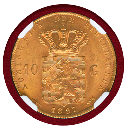 オランダ 1897年 10グルデン 金貨 ウィルヘルミナ幼年像 NGC MS65