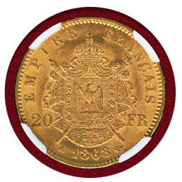 【SOLD】フランス 1868A 20フラン 金貨 ナポレオン3世有冠 NGC MS62